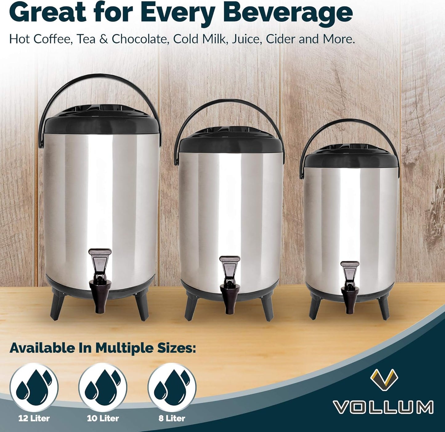 Stainless Steel Insulated Beverage Dispenser – Insulated Thermal Hot and Cold Coffee Carafe – 8 Liter Drink Dispenser with Spigot for Hot Water, Tea & Coffee, Cold Milk, Juice & More BLACK