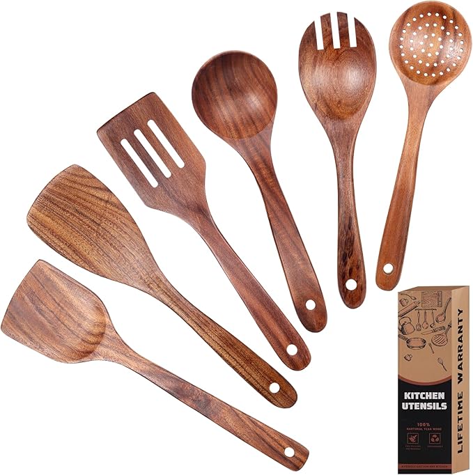 Wooden Spoons for Cooking – 6 Pcs Teak Wood Utensil Set, Durable, Nonstick Safe & Heat Resistant with Ergonomic Handles - Unique Kitchen Gifts for Women Men, Cooking Gifts for Men Women