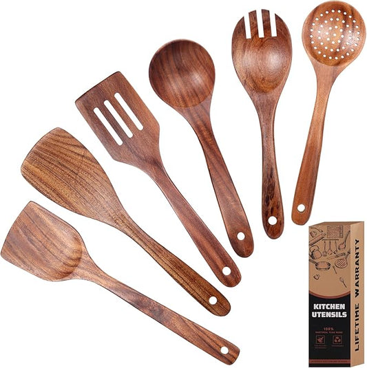 Wooden Spoons for Cooking – 6 Pcs Teak Wood Utensil Set, Durable, Nonstick Safe & Heat Resistant with Ergonomic Handles - Unique Kitchen Gifts for Women Men, Cooking Gifts for Men Women