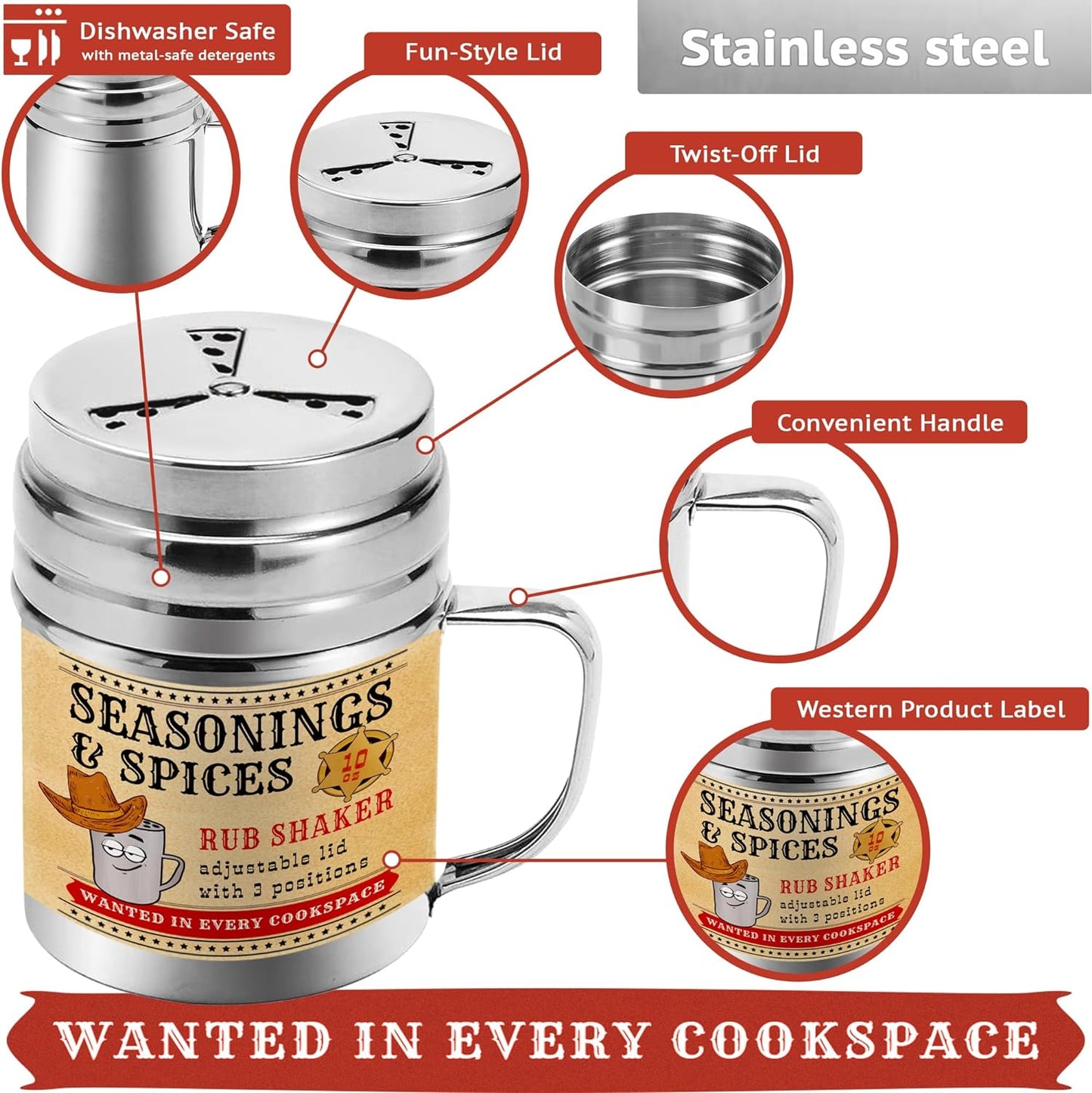 CUSINIUM [Pack of 2] 10 oz Seasonings Spice Shakers - BBQ Dry Rub Shakers - Cooking Dredge with Adjustable Fan-Style Lid and Handles