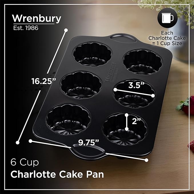 Wrenbury Mini Charlotte Cake Pan 6 Cup - Non Toxic Fluted Molds for Baking - Trifle Cake Mold - Novelty Dessert Tin with Recipe Book - 3.5 inch Non Stick