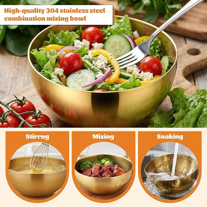 Stainless Steel Mixing Bowls, Gold Salad Bowls, Decorative Esthetician Bowl for Mixing, Cooking, Baking, Prepping, 5.9 and 7.9 Inch(Gold)