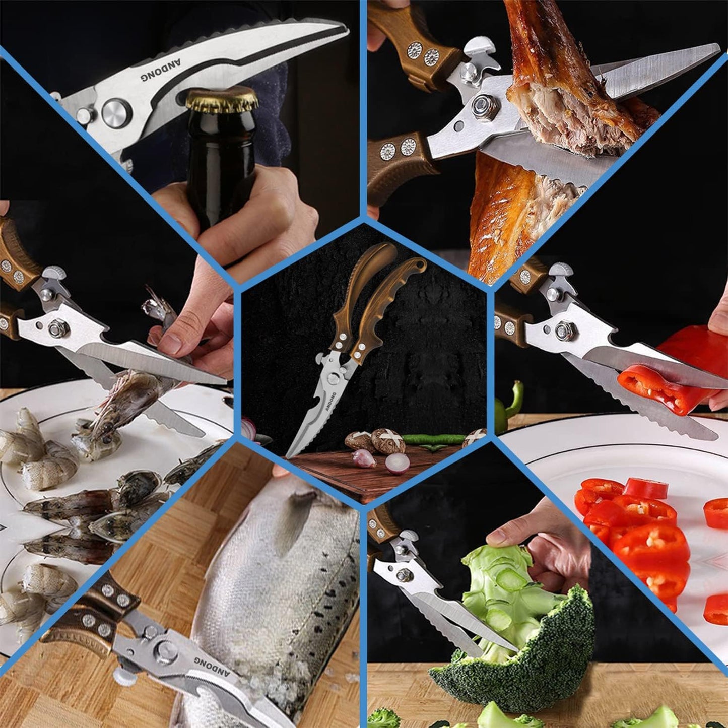 ANDONG Kitchen Shears - Heavy Duty Stainless Steel Poultry, Meat & Bone Scissors with Black Leather Sheath for Food