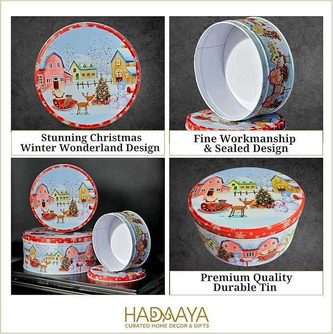 Pack of 3 Christmas Cookie Tins With Lids, Festive Holiday Cookie Tins for Treats & Gifts, Multipurpose Storage Container for Cookies, Snacks & More With Multicolor Christmas Wonderland Design