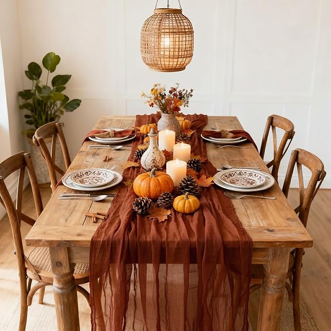 Terracotta Fall Thanksgiving Cheesecloth Table Runner, 10 FT Boho Rustic Cheese Cloth Gauze, 35x120 Inches Burnt Orange Centerpieces for Wedding Thanksgiving Friendsgiving Party Decor, 1 Pack