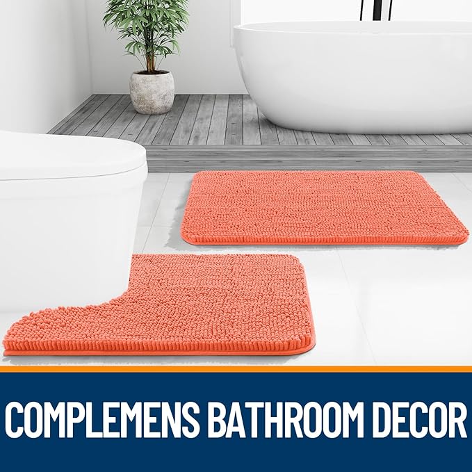 OLANLY Bathroom Rugs 47x17, Extra Soft Absorbent Chenille Bath Rugs, Rubber Backing Quick Dry, Machine Washable Bath Mats for Bathroom Floor, Tub and Shower, Home Decor Accessories, Coral
