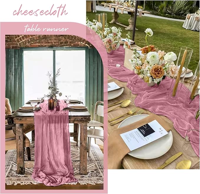12 Pack 10Ft Dusty Rose Cheesecloth Table Runner 35 x 120 inch Boho Gauze Cheese Cloth Table Runner Vintage Rustic Sheer Runners for Wedding Bridal Shower Birthday Party Cake Table Decorations