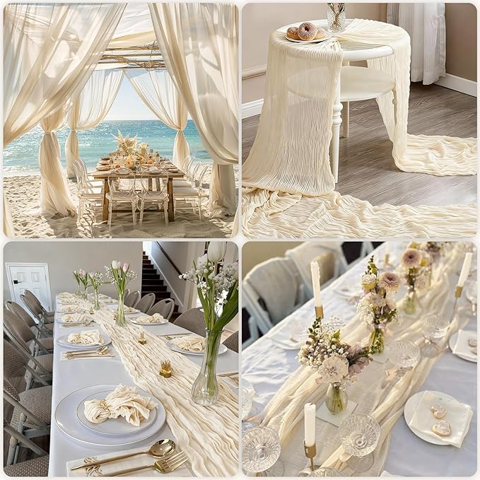 3 Pcs 35"×120" Beige Cheesecloth Table Runner, Cute Pleated Boho Gauze Rustic Sheer Translucent Runner, Table Decorations for Christmas Easter Wedding Baby Shower Birthday Holiday Home Decor