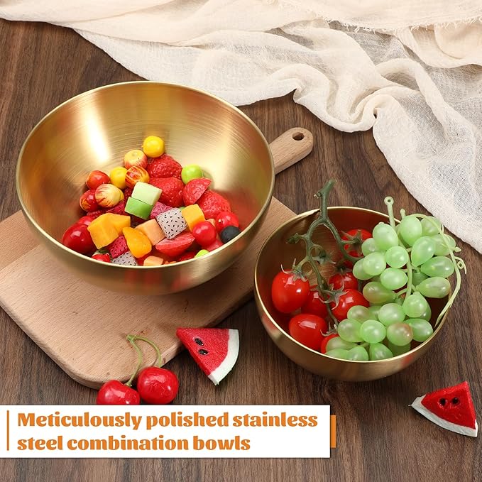 Stainless Steel Mixing Bowls, Gold Salad Bowls, Decorative Esthetician Bowl for Mixing, Cooking, Baking, Prepping, 5.9 and 7.9 Inch(Gold)