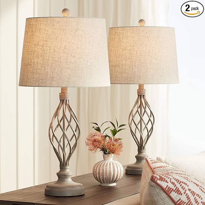 Franklin Iron Works Annie Modern Industrial Table Lamps 28" Tall Set of 2 Weathered Sand Iron Cream Tapered Drum Shade for Bedroom Living Room House Home Bedside Nightstand Office Entryway Family