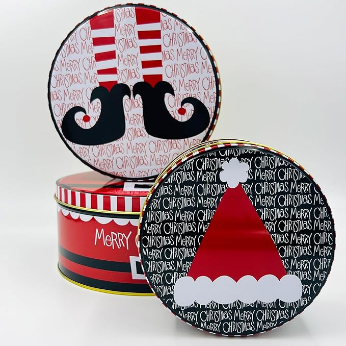 Pack of 3 Round Metal Nesting Tins – Stackable Christmas Cookie Tins with Lids for Kids' Cookies, Candy, Snacks, Crafts & Kitchen – Fun Xmas Elf Hat Design