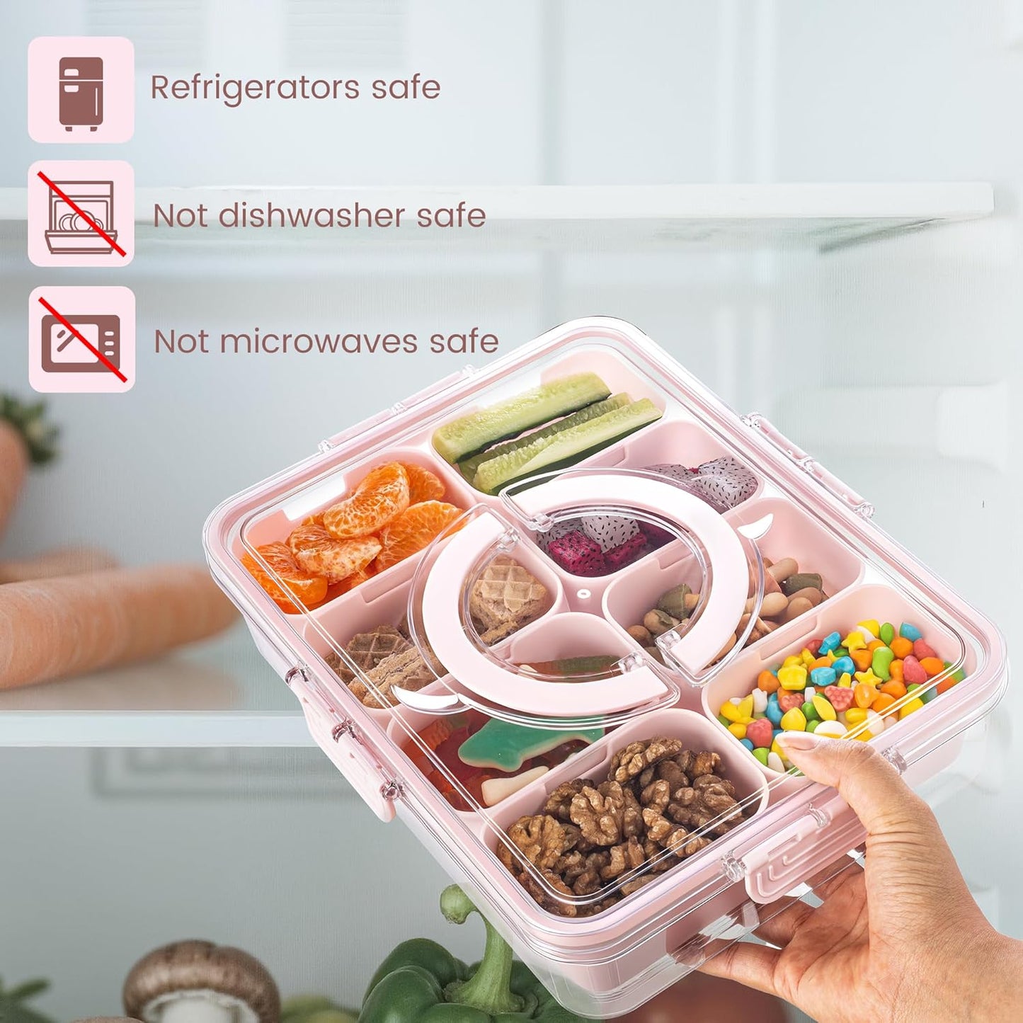 Divided Serving Tray with Lid and Handle - Snackle Box Charcuterie Container for Portable Snack Platters Organizer for Candy, Fruits, Nuts, Snacks - Perfect for Party, Entertaining, Pink