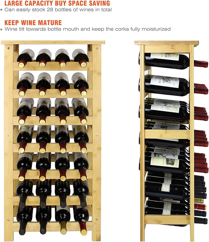 SMIBUY Bamboo Wine Rack, 28 Bottles Display Holder with Table Top, 7-Tier Free Standing Storage Shelves for Kitchen, Pantry, Cellar, Bar (Natural)