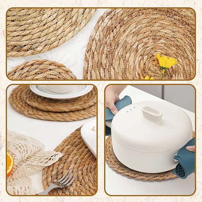 Niviy Round Woven Placemats Set of 4, with 72 Inches Long Farmhouse Macrame Table Runner Burlap Cotton Linen Table Runners Chargers for Dinner Plates, Beige & Brown
