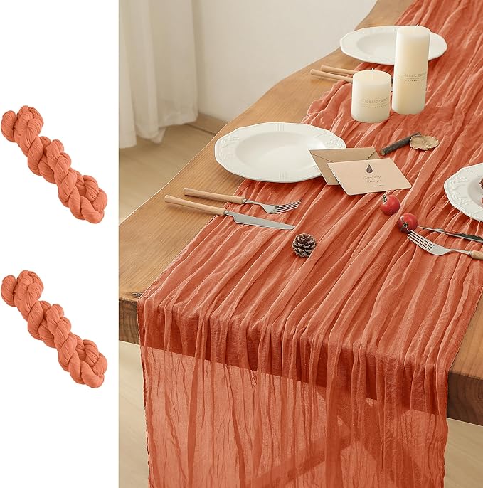 Leetaltree 2 Pack Orange Boho Rustic Cheesecloth Table Runner, 35x120 Inch, Decorative Table Runners for Bridal, Baby Shower, Wedding Table Decorations