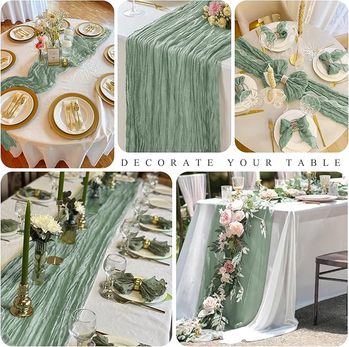 20 Pack Cheesecloth Table Runner Sage Green, Rustic Boho Gauze Fabric Table Runner Romantic Table Runner For Wedding, Festival, Birthday, Anniversary, Dinner and Outdoor Events (17.7 x 108 inch)