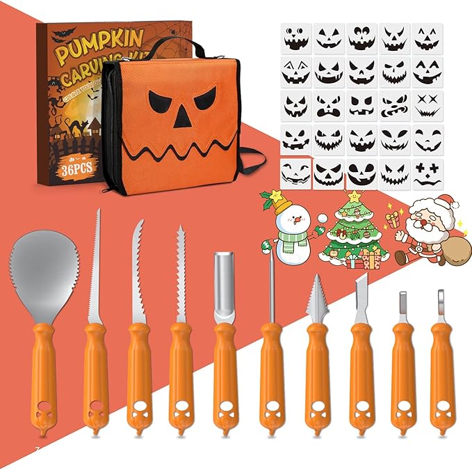 imarku Pumpkin Carving Kit, 36PCS Pumpkin Carving Tools, Professional Pumpkin Carving Knife Set with Stencils & Bag for Beginners, Sharp Pumpkin Carving Gift for Halloween Decoration Jack-O-Lanterns