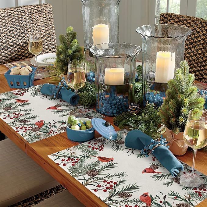 Seliem Winter Cardinal Birds Placemats Set of 4, Red Berries Branch Pine Cone Cotton Vintage Dining Table Place Mats, Seasonal Christmas Holiday Kitchen Decor Home Decoration 12 x 18 Inch