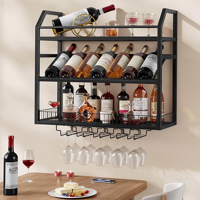 Hoctieon Wall Mount Wine Rack, Wall Mounted Wine Bottle Rack for Display and Storage, Hanging Bottle Holder, for Living Room, Dining Room, Bar, Wine Cellar, Black