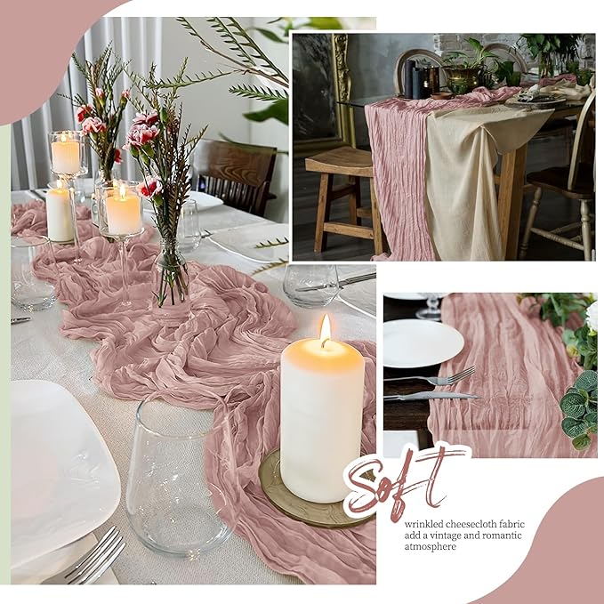 12 Pack Dusty Pink Cheesecloth Table Runner 17x108 Inch Semi Sheer Boho Gauze Cheese Cloth Fabric Table Runners, for Wedding Party Baby Shower Birthday Home Decor Garden Farmhouse