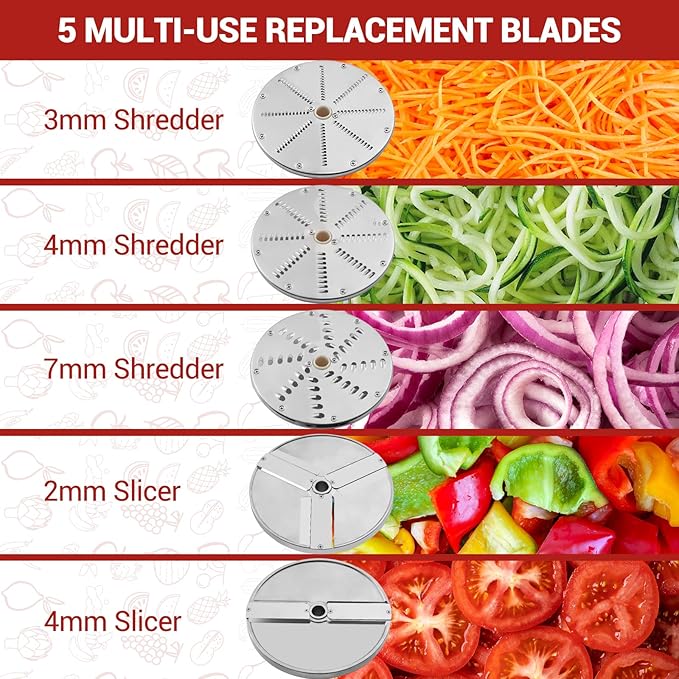 Heavy Duty Commercial Food Processor - 3mm/4mm/7mm Shred & 2mm/4mm Slice Blades, Stainless Steel Electric Food Chopper for Restaurant, Hotel, Kitchen