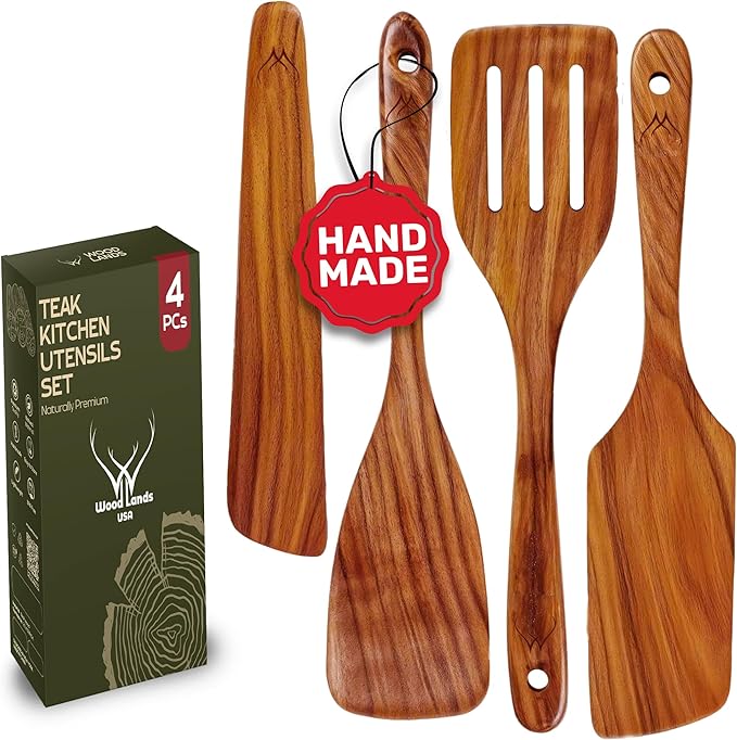 Spurtles Kitchen tools wooden, Spurtle Spatulas, Wooden Kitchen Utensil Set of 4, Paddle, Slotted Spatula, Frying Spatula, Wood Turner for Nonstick pans - Teak cooking utensil for Apartment Essentials