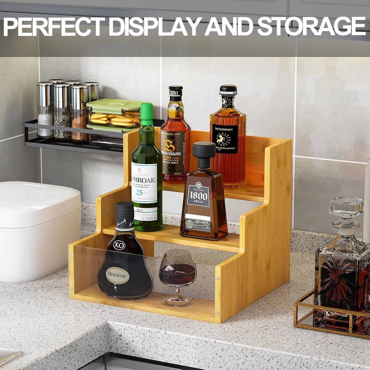 Liquor Bottle Display Shelf Bar Shelves - Bamboo 12 Bottle Syrup Rack for Coffee Bar, Wine Bottle, Spices, Liquor and Whiskey Bottle Display
