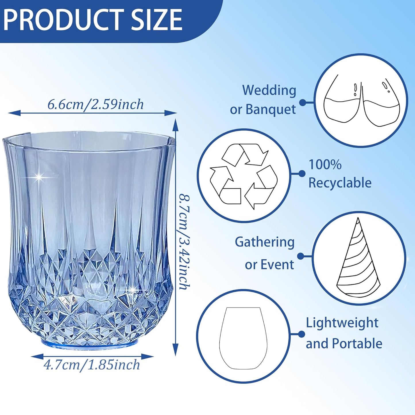 48 PCS Blue Stemless Wine Glasses，Plastic Reusable Cups 9OZ Vintage Drinking Glasses Tumblers for Whisky, Beer, Juice, Beverages, Cocktai