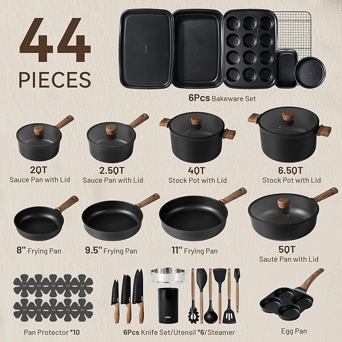CAROTE 44pcs Nonstick Kitchen Cookware Sets, Nonstick Pots and Pans, Induction Cookware Set Kitchen Cooking Sets, Non Stick w/Frying Pan,Black