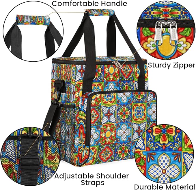 Ethnic Mexican Colorful Flowers Plaid Coffee Maker Carrying Bag, Coffee Machine Travel Storage Tote Bag Compatible with K-Mini or K-Mini Plus, Portable Single Serve Coffee Brewer Case with Pockets