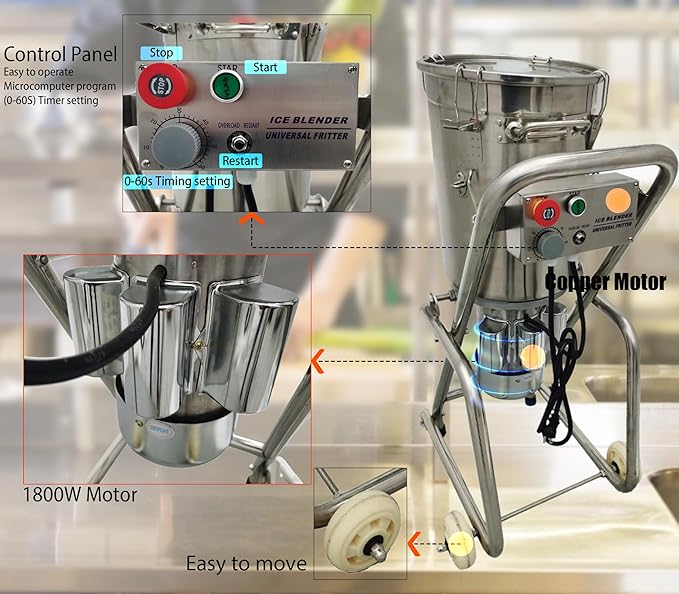 32L Commercial Food Processor, 1800W Stainless Steel Meat Grinder, Vegetable Cutter, Blender, Chopper with 2 Mobile Wheels Tiltable Bucket, for Fruits, Ginger, Garlic, Meat