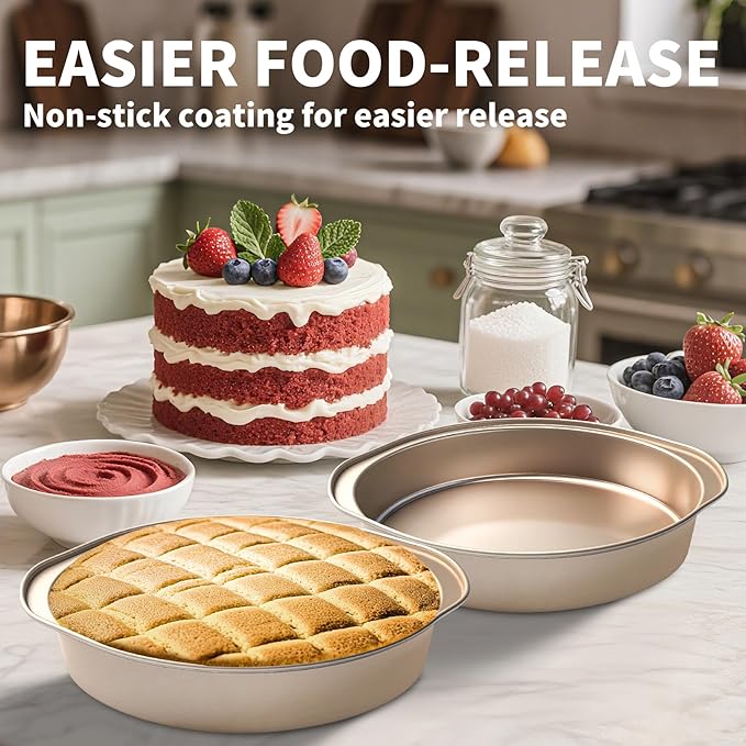 8-Inch Cake Pan Set of 3, Nonstick Round Baking Pans with 50PCS Parchment Papers, Durable Birthday Circle Pan with Handle for Multi-Layer Cakes, Dishwasher Safe