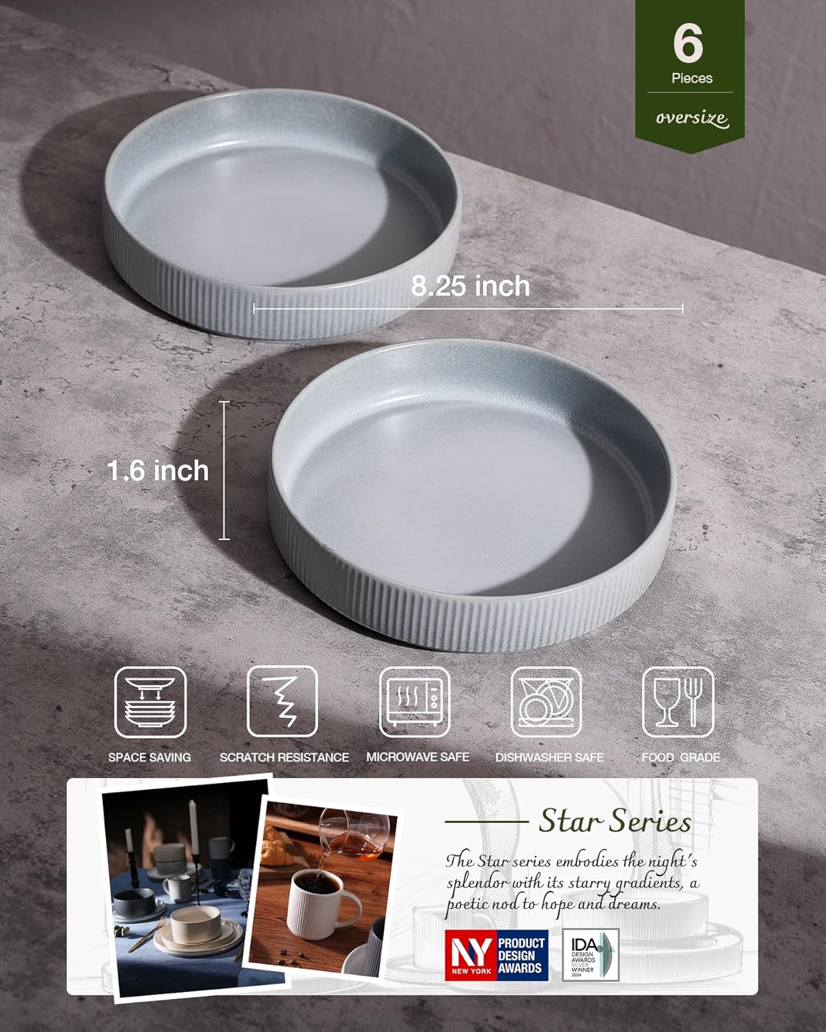 famiware Star 8.25" Pasta Bowls, Large Dinner Bowls Set of 6, Salad Bowl Plates, Shallow Bowls for Eating, Light Gray