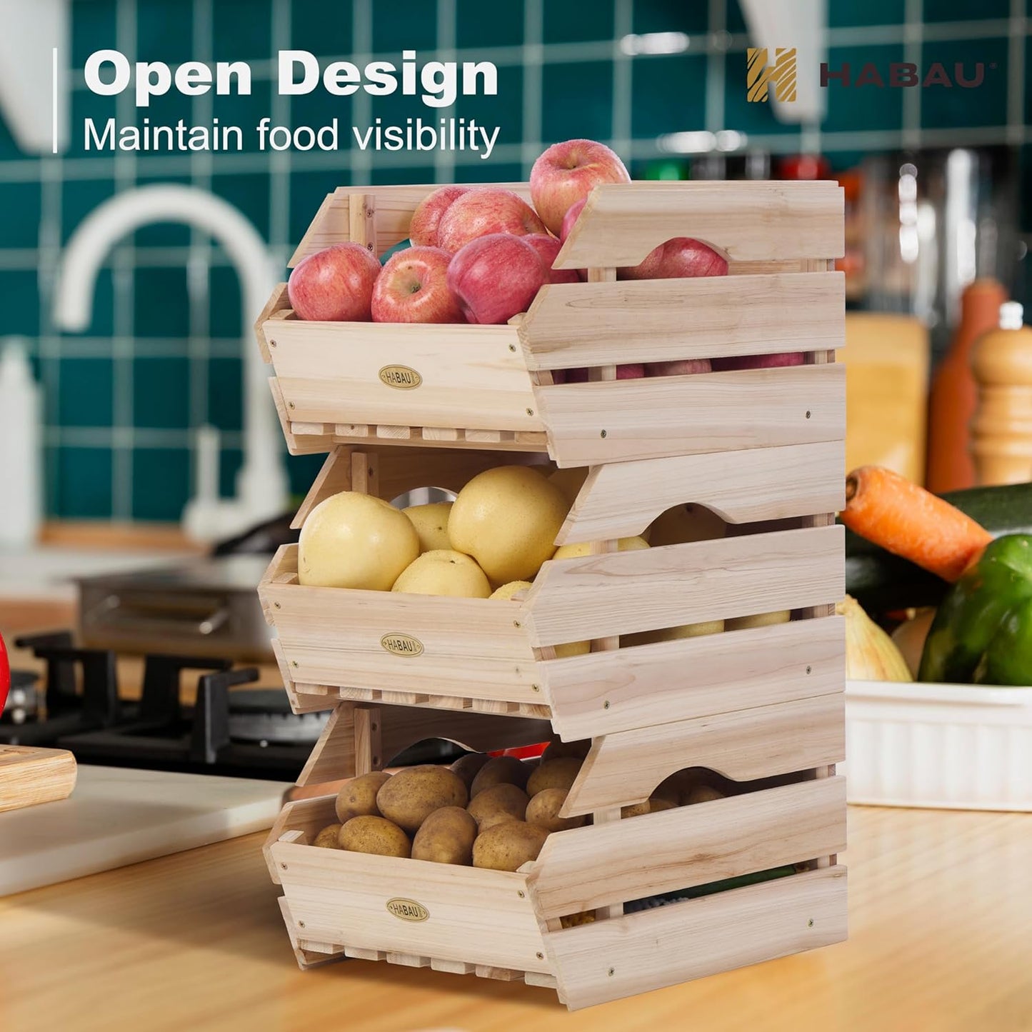 Wood Potato Onion Storage Bins - Wooden Stackable Produce Basket - Fruit Vegetable Storage for Kitchen Pantry Organization, Set 3 Pieces