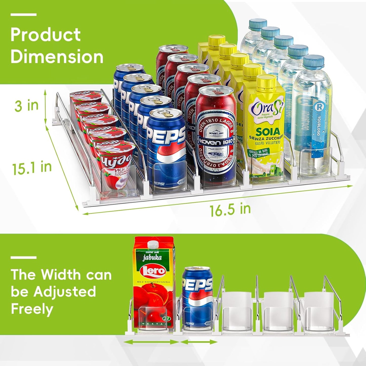 Soda Can Dispenser for Refrigerator,Self-Pushing Drink Organizer for Fridge, Width Adjustable Fridge Organization, Beer Pop Can Water Bottle Drink Dispenser for Fridge (15.1" D) White (5 Row, White)