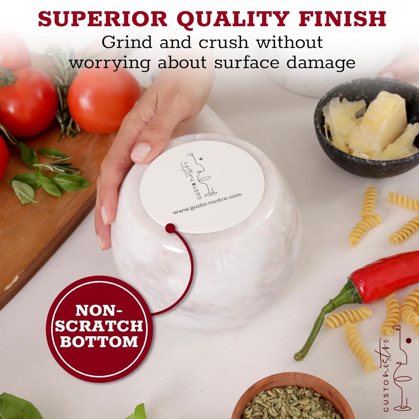 Gusto Nostro Natural Marble Mortar and Pestle Set | 5 Inch - 2.5 Cup Large Mortar Pestle Set for Grinding Herbs, Nuts, Grains | Pesto Grinding and Guacamole Stone Bowl | Marble Spice Crusher