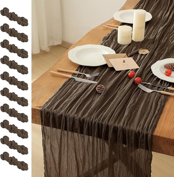 Leetaltree 10 Pack Brown Cheesecloth Table Runner, 35x120 Inch Boho Rustic Cheese Cloth Table Runner, Decorative Table Runners for Bridal Baby Shower Decorations or Wedding Table Decorations
