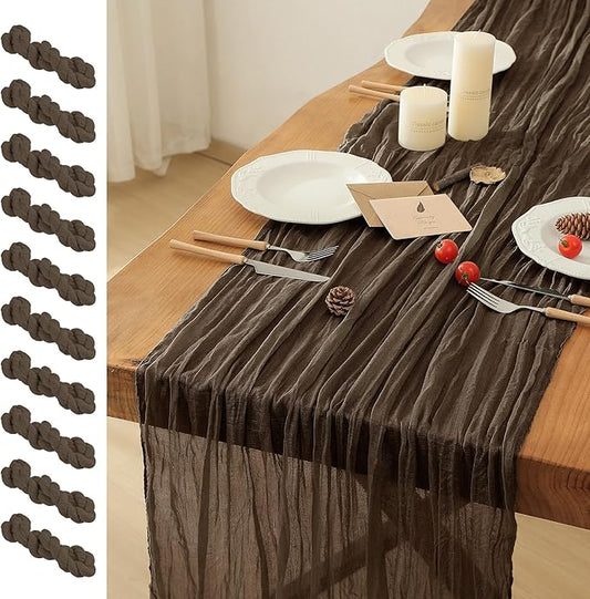 Leetaltree 10 Pack Brown Cheesecloth Table Runner, 35x120 Inch Boho Rustic Cheese Cloth Table Runner, Decorative Table Runners for Bridal Baby Shower Decorations or Wedding Table Decorations