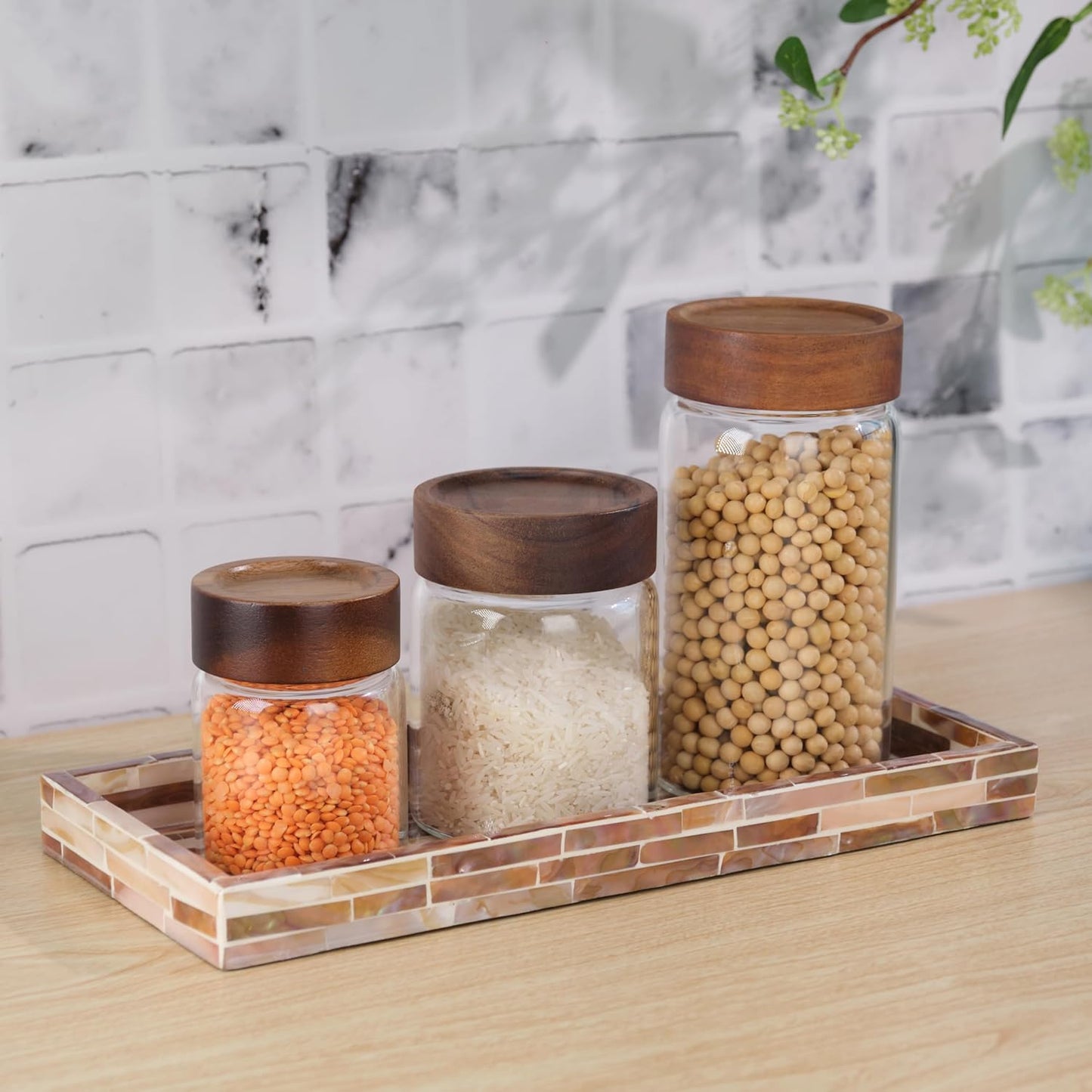 PEMAR Set of 2 Mother of Pearl Vanity Tray for Bathroom Counter, 11" Wooden Organisation Valet Tray for Perfume Makeup Bedroom Dresser Kitchen Sink Countertop Organizer, Toilet Tank (Brown Titles)