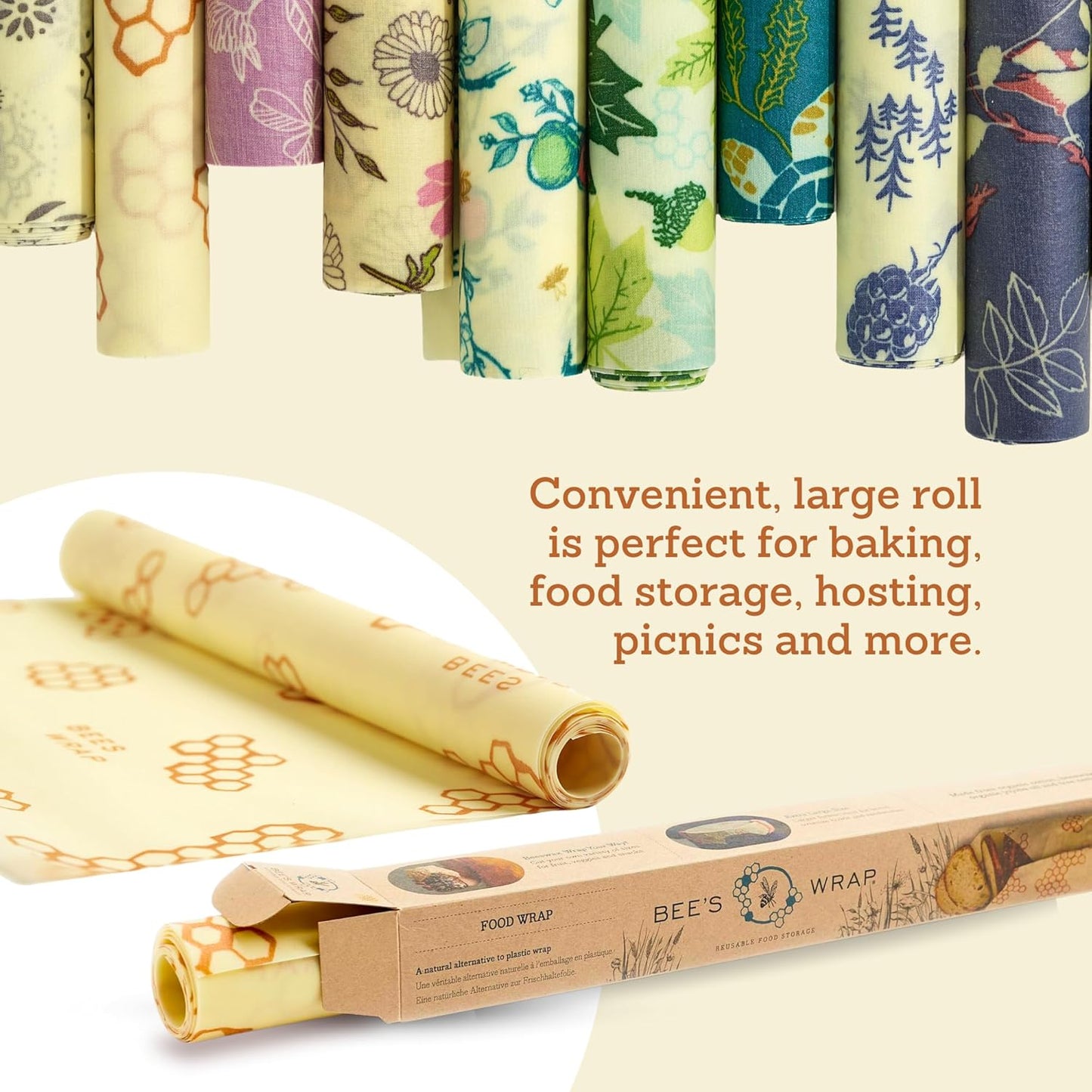 Bee's Wrap Beeswax Wraps for Food - Garden Party Cut to Size 14x52" Wax Paper Roll - Made in USA Reusable Waxed Paper & Bowl Covers - Organic & Eco-Friendly Alternative to Aluminum Foil & Plastic Wrap