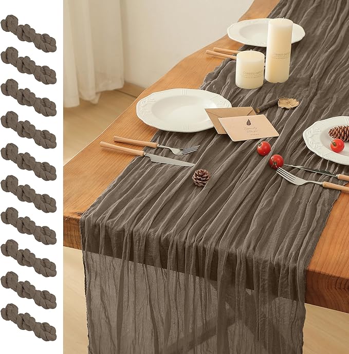 Leetaltree Taupe Cheesecloth Table Runner, 35x120 Inch Boho Rustic Cheese Cloth Runner, Decorative Runner for Bridal Baby Shower or Wedding Table Decorations