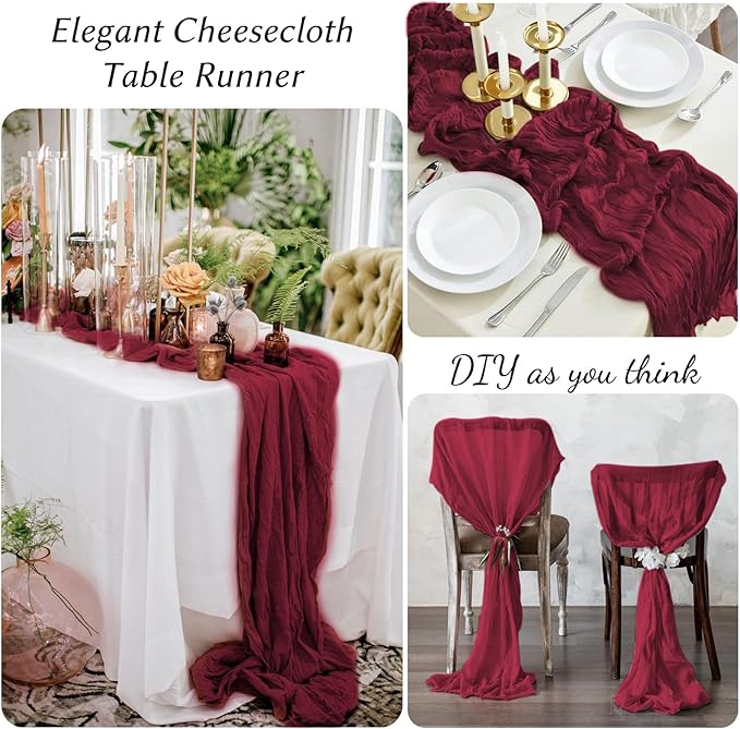 12 Pack Burgundy Table Runners 10FT Cheesecloth Table Runner 21 x 120 inch Boho Gauze Cheese Cloth Table Runner Rustic Sheer Table Runners for Party Wedding Bridal Baby Shower Birthday Table Decor