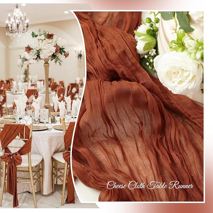 Aktor 12 Pack Terracotta Cheesecloth Table Runner 10Ft Gauze Table Runner Boho Semi Sheer Cheese Cloth Fabric Runners for Wedding Birthday Baby Shower Party Table Decoration（Terracotta）