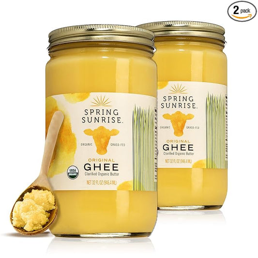 Spring Sunrise Grass Fed Organic Ghee - USDA Certified Clarified Butter - Keto & Paleo Friendly, Non-GMO, Gluten & Casein Free Cooking Oil - Sustainably Sourced - 32 oz Jar, 2 pack