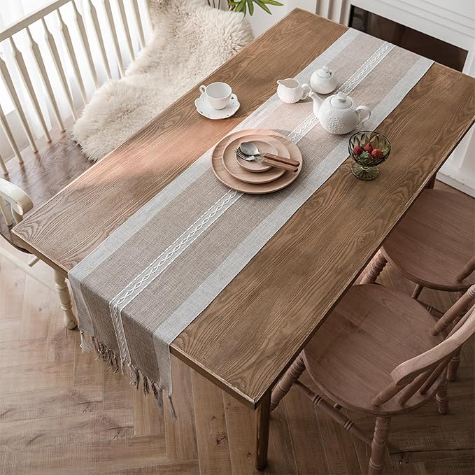 Niviy Farmhouse Table Runner, Embroidered Striped Braided Coffee Boho Table Runner, Cotton Linen Farmhouse Table Decoration for Holiday Party 12 x 48 Inches