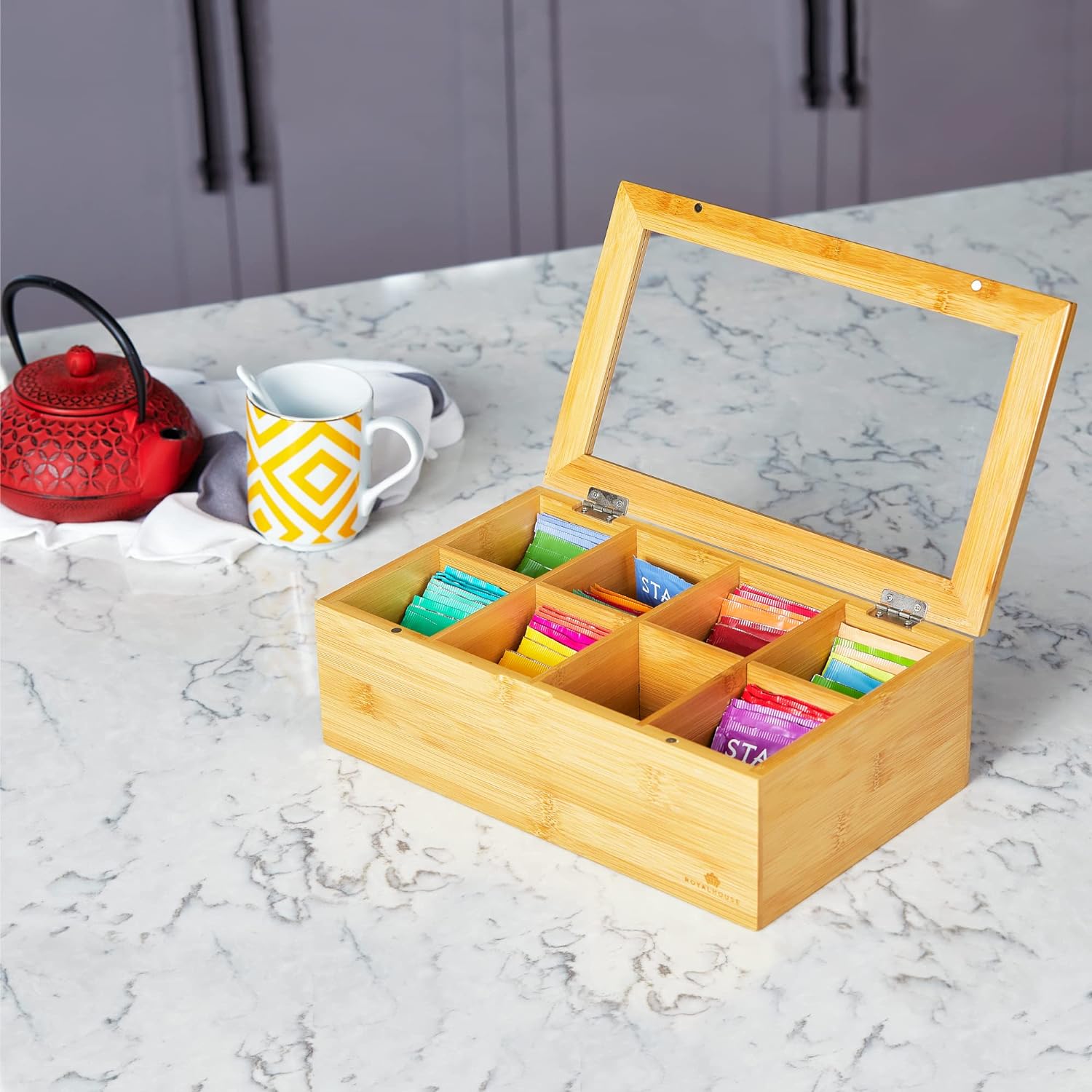 RoyalHouse Big Natural Bamboo Tea Storage Organizer - Thumbnail 4