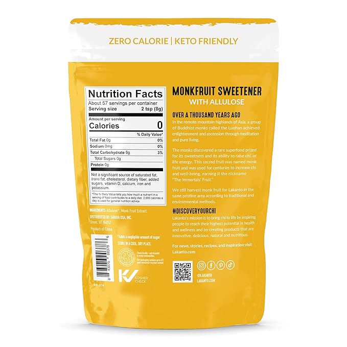 Lakanto Golden Monk Fruit Sweetener With Allulose, Raw Cane Sugar Substitute, Monk Fruit Extract, Raw Sugar Replacement for Baking, Coffee & Tea, Gluten Free, Low Carb, Non GMO, Keto, 8 OZ Bag