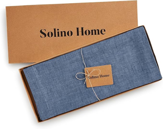 Solino Home Linen Table Runner 132 Inches Long - Athena, 100% Pure Linen Blue Denim Dining Table Runner 14 x 132 Inch for Christmas, New Year