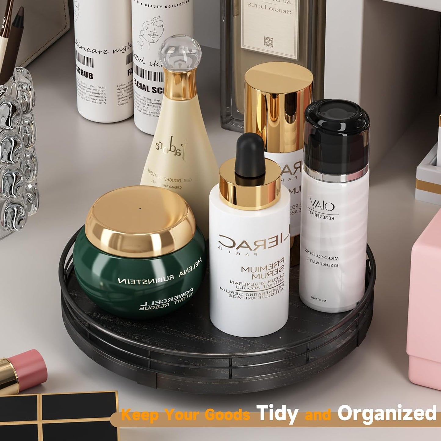 9" Oak Bathroom Vanity Tray Turntable for Perfume Candle, Round Wooden Decorative Tray for Kitchen Sink Countertop Organizer, Bathroom Counter Organizer for Skincare Makeup, Farmhouse Black Gold