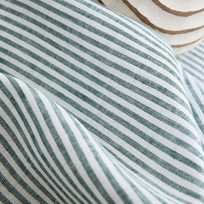 Solino Home Linen Striped Table Runner 108 Inches Long - Narrow Stripe 100% Pure Linen Rainforest and White Dining Table Runner 14 x 108 Inch for Christmas, New Year